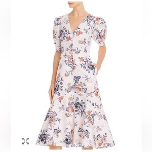 Rebecca Taylor Floral Toile Puff-Sleeve Midi Dress size 6